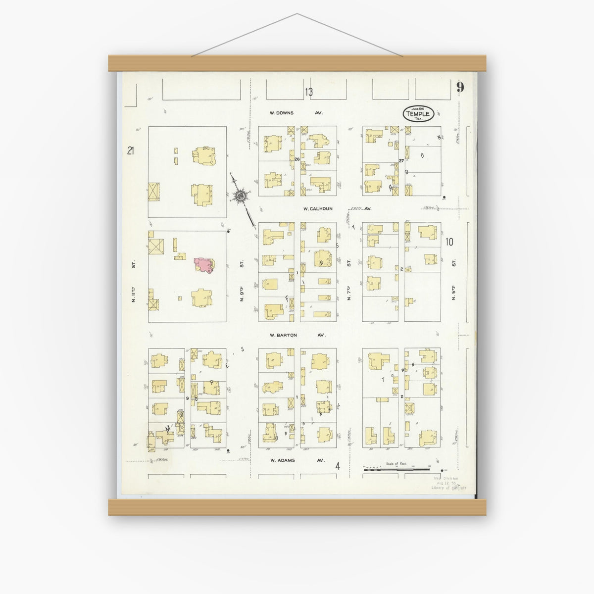 Old map wall art mockup — magnetic wood frame on white wall — Sanborn Fire Insurance Map from Temple, Bell County, Texas (1910), Sheet #0009