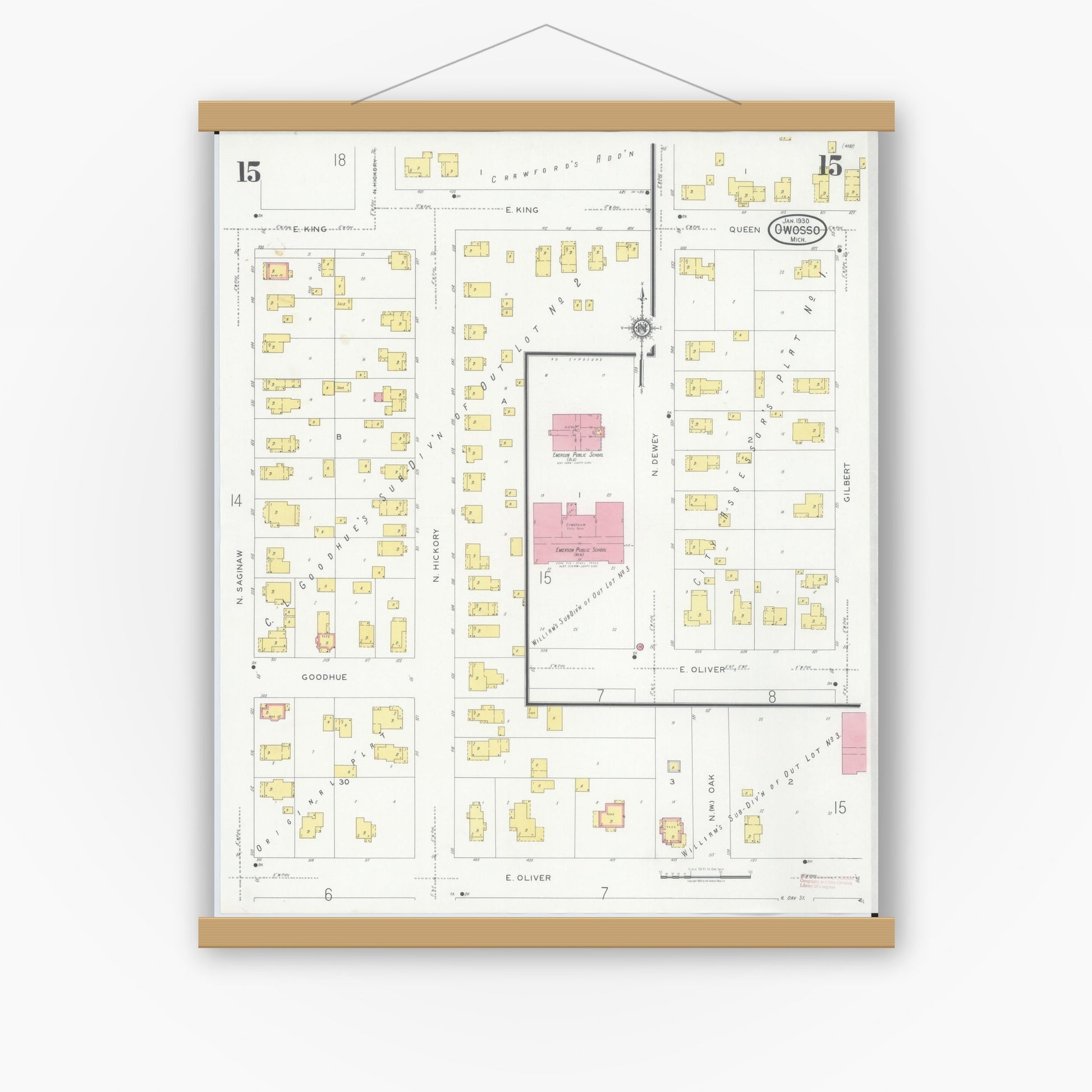 Old map wall art mockup — magnetic wood frame on white wall — Sanborn Fire Insurance Map from Owosso, Shiawassee County, Michigan (1930), Sheet #0015