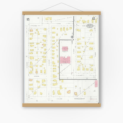 Old map wall art mockup — magnetic wood frame on white wall — Sanborn Fire Insurance Map from Owosso, Shiawassee County, Michigan (1930), Sheet #0015