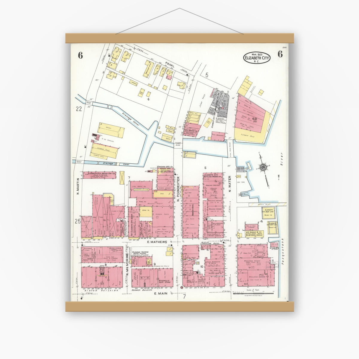 Old map wall art mockup — magnetic wood frame on white wall — Sanborn Fire Insurance Map from Elizabeth City, Pasquotank County, North Carolina (1923), Sheet #0006