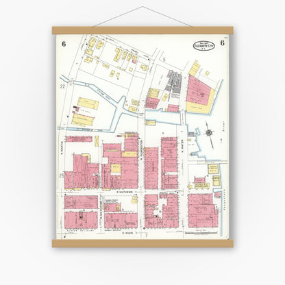 Old map wall art mockup — magnetic wood frame on white wall — Sanborn Fire Insurance Map from Elizabeth City, Pasquotank County, North Carolina (1923), Sheet #0006