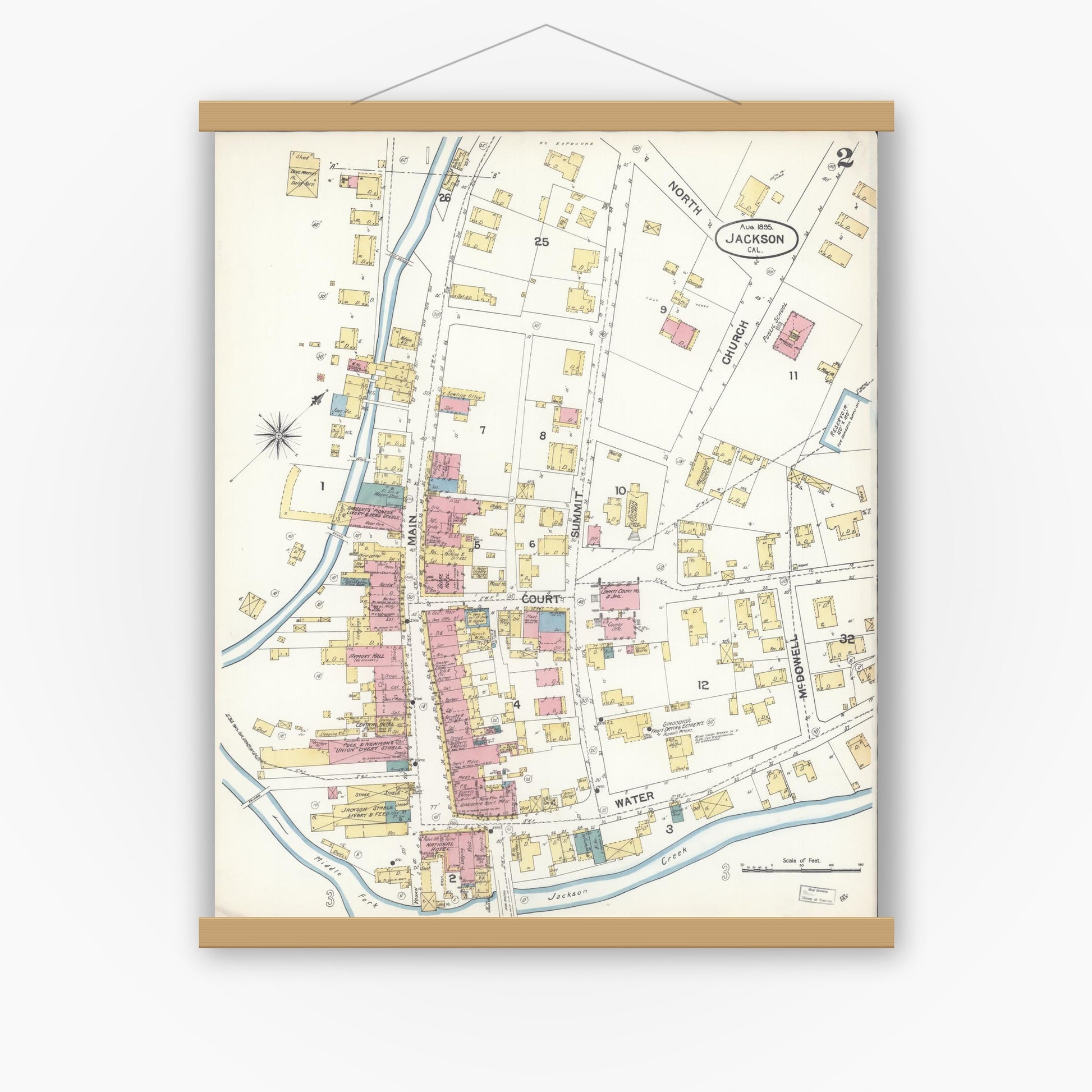 Old map wall art mockup — magnetic wood frame on white wall — Sanborn Fire Insurance Map from Jackson, Amador County, California (1895), Sheet #0002