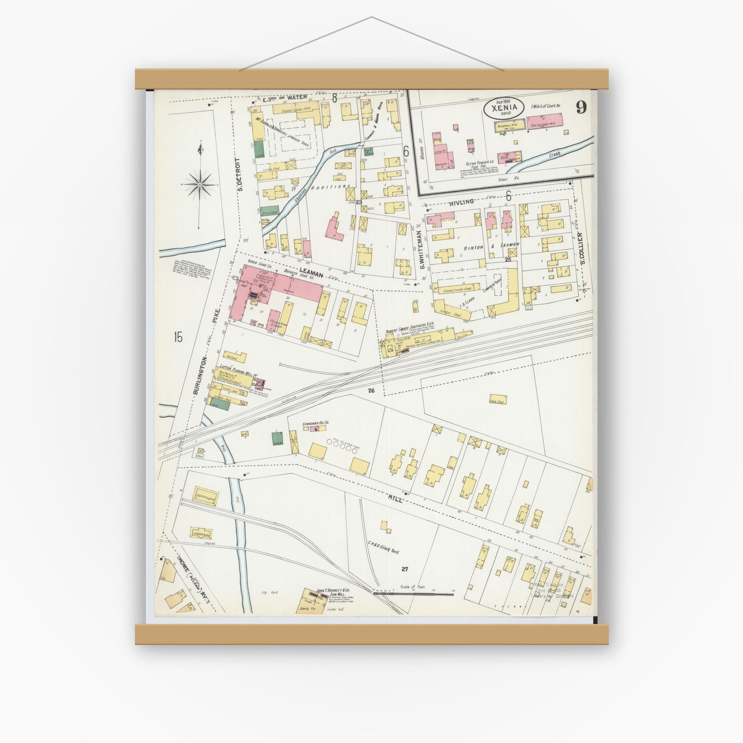 Old map wall art mockup — magnetic wood frame on white wall — Sanborn Fire Insurance Map from Xenia, Greene County, Ohio (1901), Sheet #0009