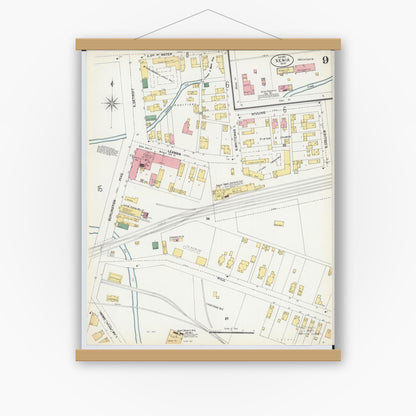 Old map wall art mockup — magnetic wood frame on white wall — Sanborn Fire Insurance Map from Xenia, Greene County, Ohio (1901), Sheet #0009