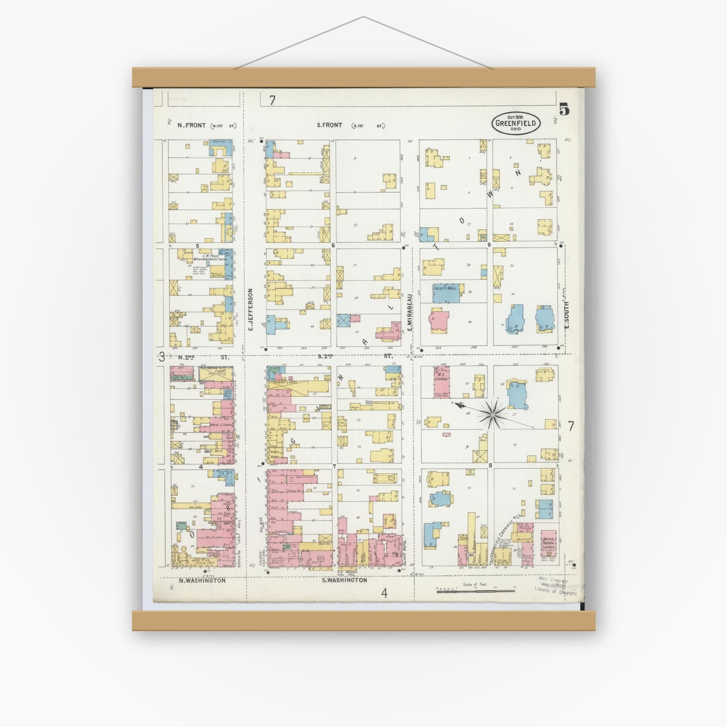 Old map wall art mockup — magnetic wood frame on white wall — Sanborn Fire Insurance Map from Greenfield, Highland County, Ohio (1899), Sheet #0005