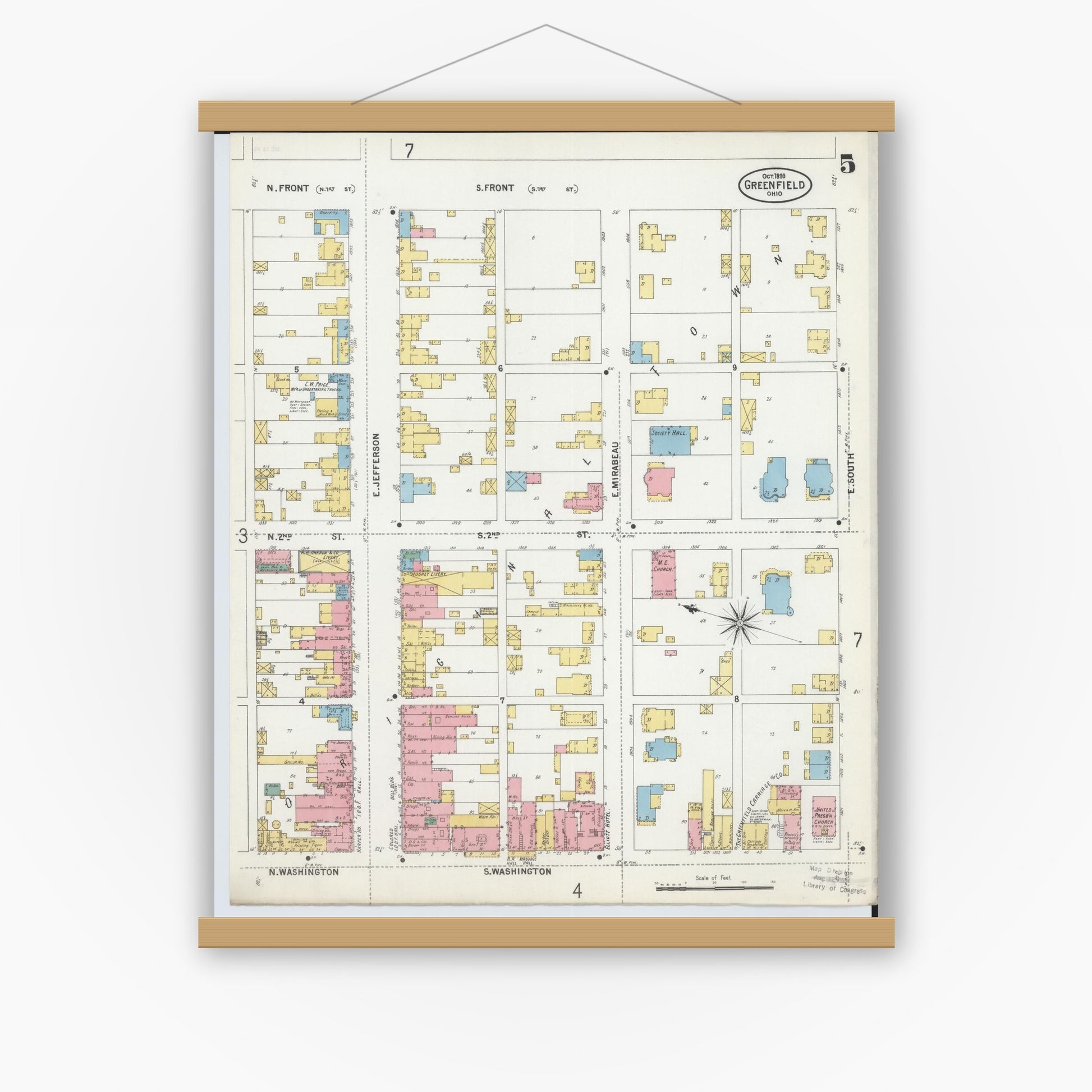 Old map wall art mockup — magnetic wood frame on white wall — Sanborn Fire Insurance Map from Greenfield, Highland County, Ohio (1899), Sheet #0005