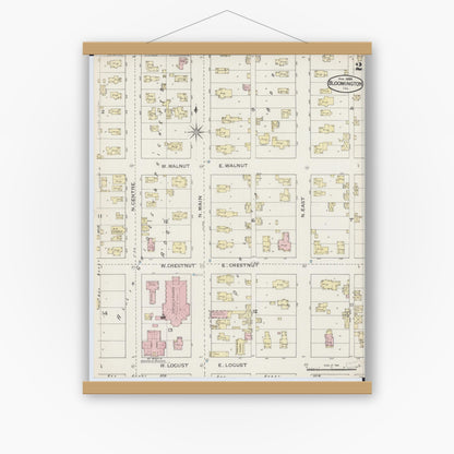 Old map wall art mockup — magnetic wood frame on white wall — Sanborn Fire Insurance Map from Bloomington, McLean County, Illinois (1886), Sheet #0002