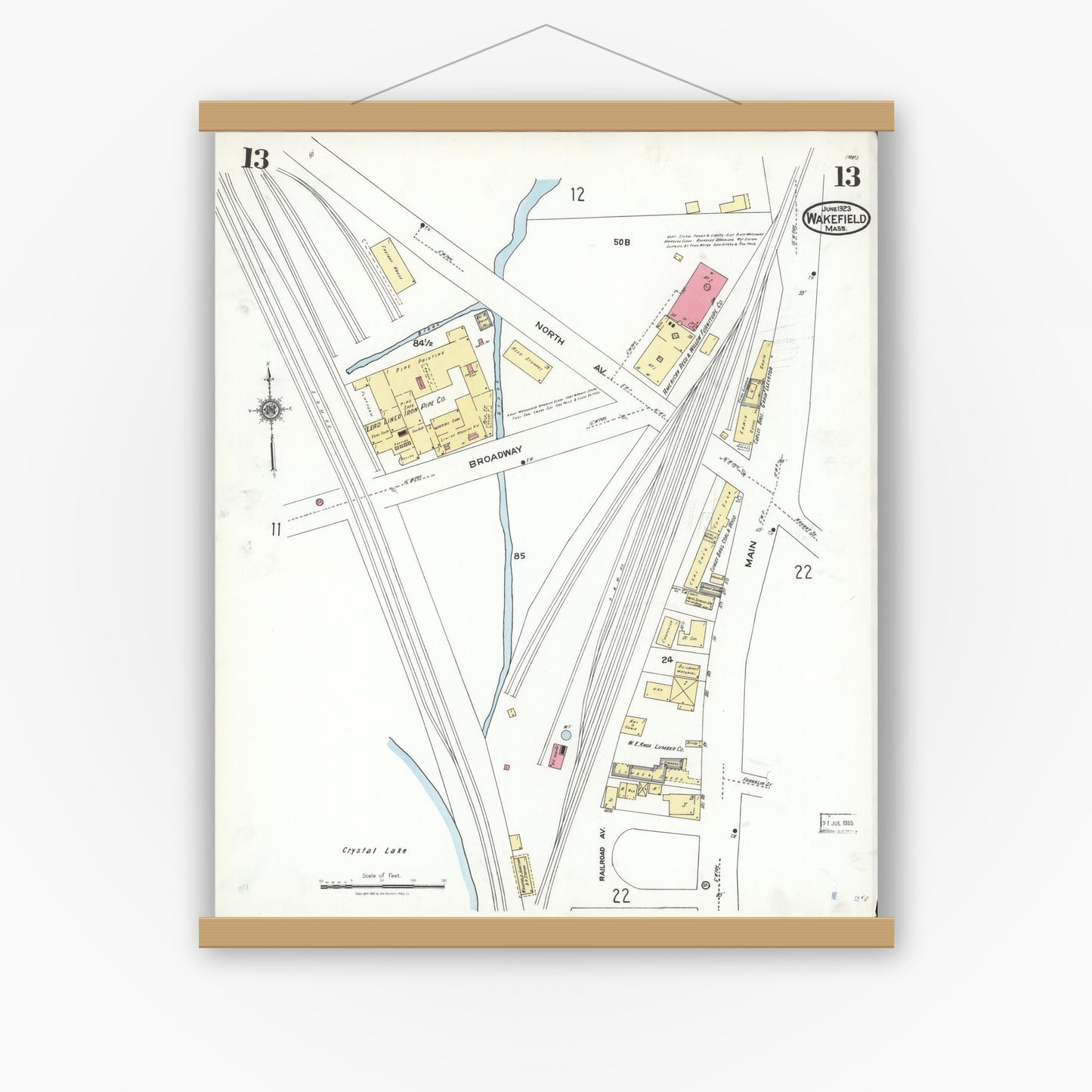 Old map wall art mockup — magnetic wood frame on white wall — Sanborn Fire Insurance Map from Wakefield, Middlesex County, Massachusetts (1923), Sheet #0013