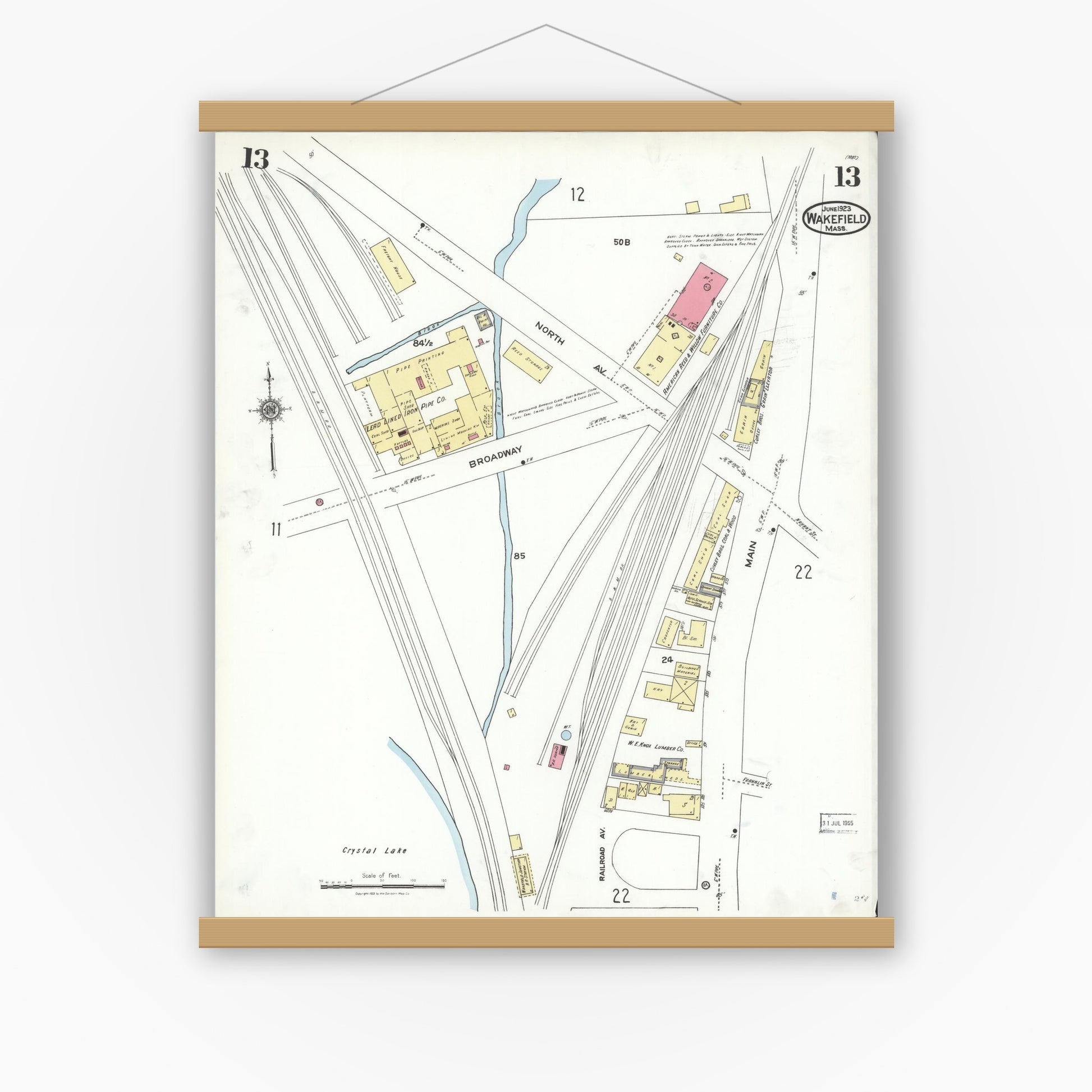 Old map wall art mockup — magnetic wood frame on white wall — Sanborn Fire Insurance Map from Wakefield, Middlesex County, Massachusetts (1923), Sheet #0013