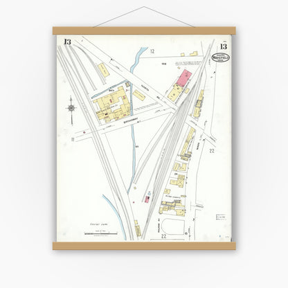 Old map wall art mockup — magnetic wood frame on white wall — Sanborn Fire Insurance Map from Wakefield, Middlesex County, Massachusetts (1923), Sheet #0013