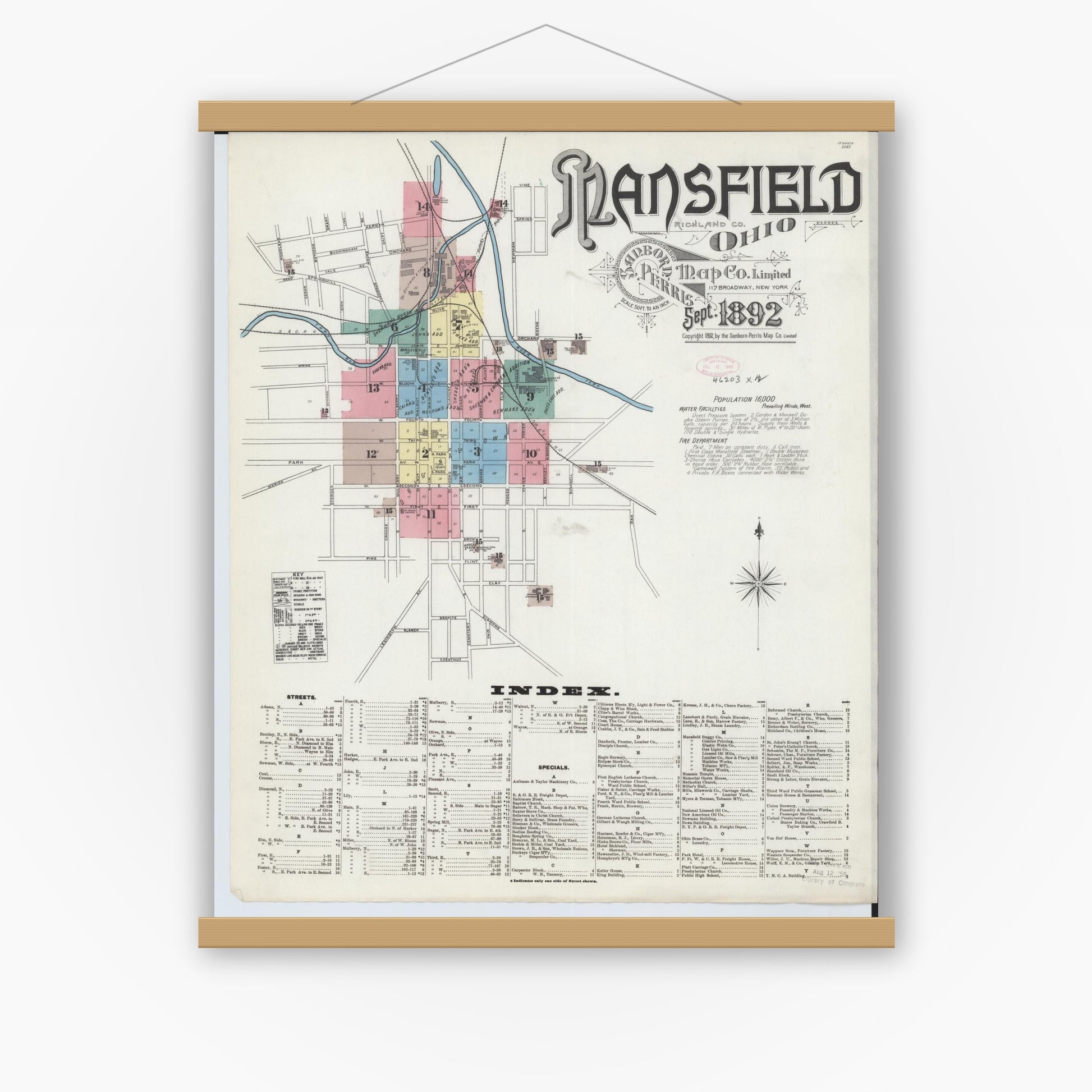 Old map wall art mockup — magnetic wood frame on white wall — Sanborn Fire Insurance Map from Mansfield, Richland County, Ohio (1892), Sheet #0001
