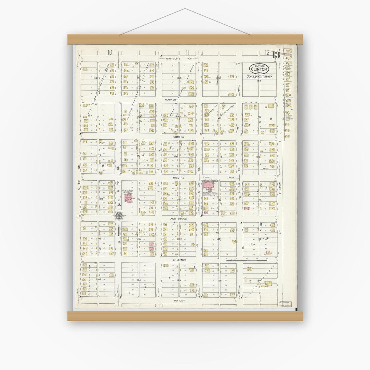 Old map wall art mockup — magnetic wood frame on white wall — Sanborn Fire Insurance Map from Clinton, Vermillion County, Indiana (1915), Sheet #0013