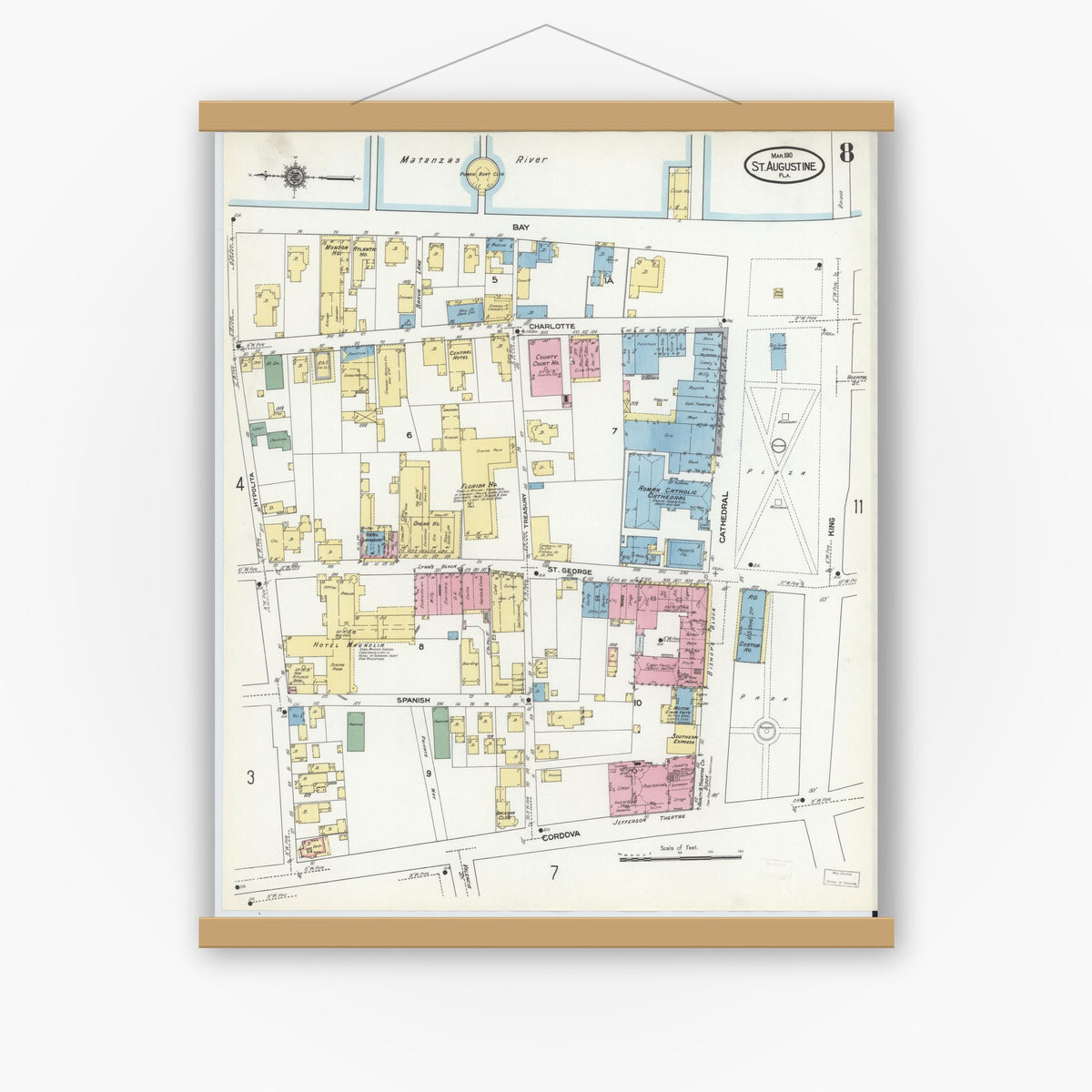 Old map wall art mockup — magnetic wood frame on white wall — Sanborn Fire Insurance Map from Saint Augustine, Saint John's County, Florida (1910), Sheet #0008