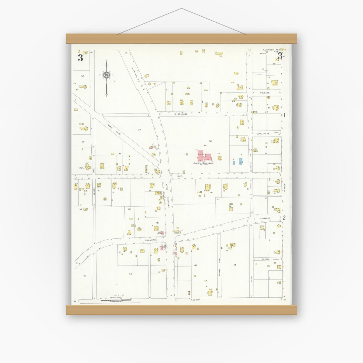 Old map wall art mockup — magnetic wood frame on white wall — Sanborn Fire Insurance Map from Fairfield, Freestone County, Texas (1934), Sheet #0003