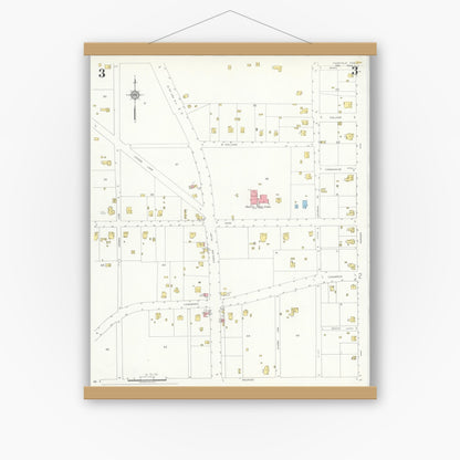 Old map wall art mockup — magnetic wood frame on white wall — Sanborn Fire Insurance Map from Fairfield, Freestone County, Texas (1934), Sheet #0003