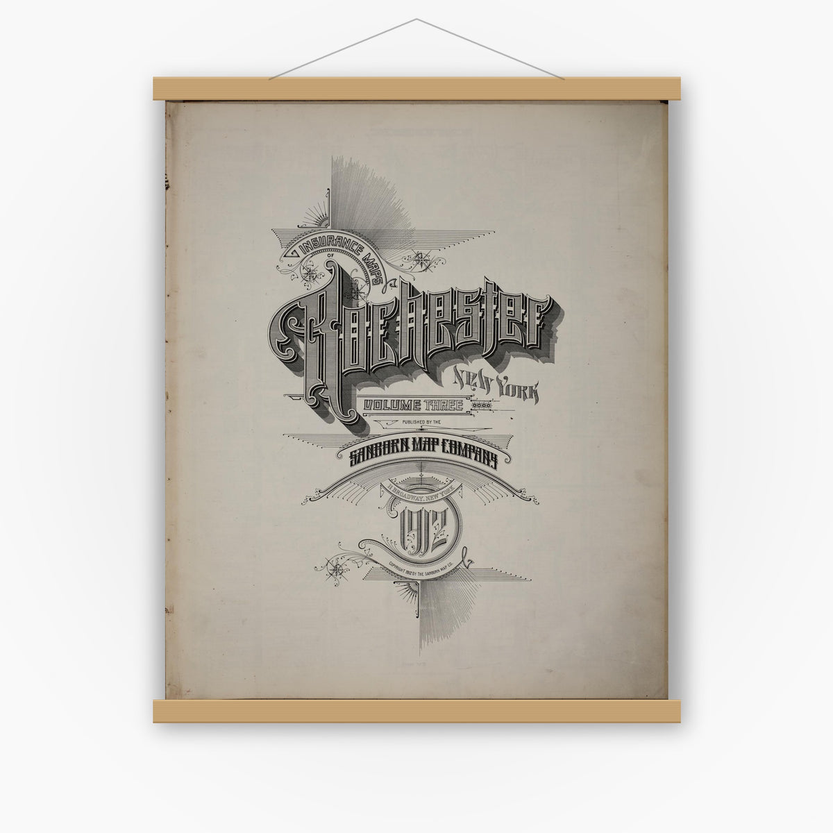 Old map wall art mockup — magnetic wood frame on white wall — Sanborn Fire Insurance Map from Rochester, Monroe County, New York (1912), Sheet #0001