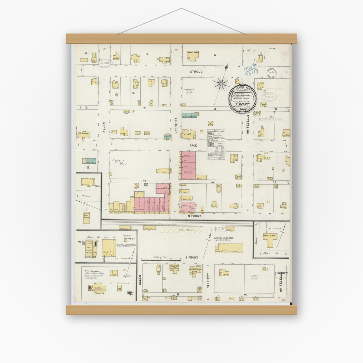 Old map wall art mockup — magnetic wood frame on white wall — Sanborn Fire Insurance Map from Frost, Navarro County, Texas (1898), Sheet #0001