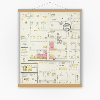 Old map wall art mockup — magnetic wood frame on white wall — Sanborn Fire Insurance Map from Frost, Navarro County, Texas (1898), Sheet #0001