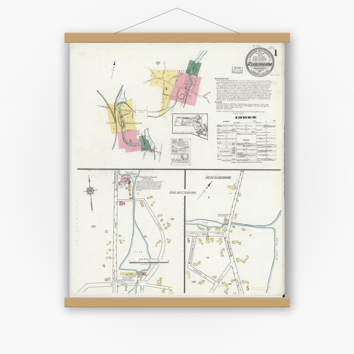Old map wall art mockup — magnetic wood frame on white wall — Sanborn Fire Insurance Map from Ashburnham, Worcester County, Massachusetts (1917), Sheet #0001