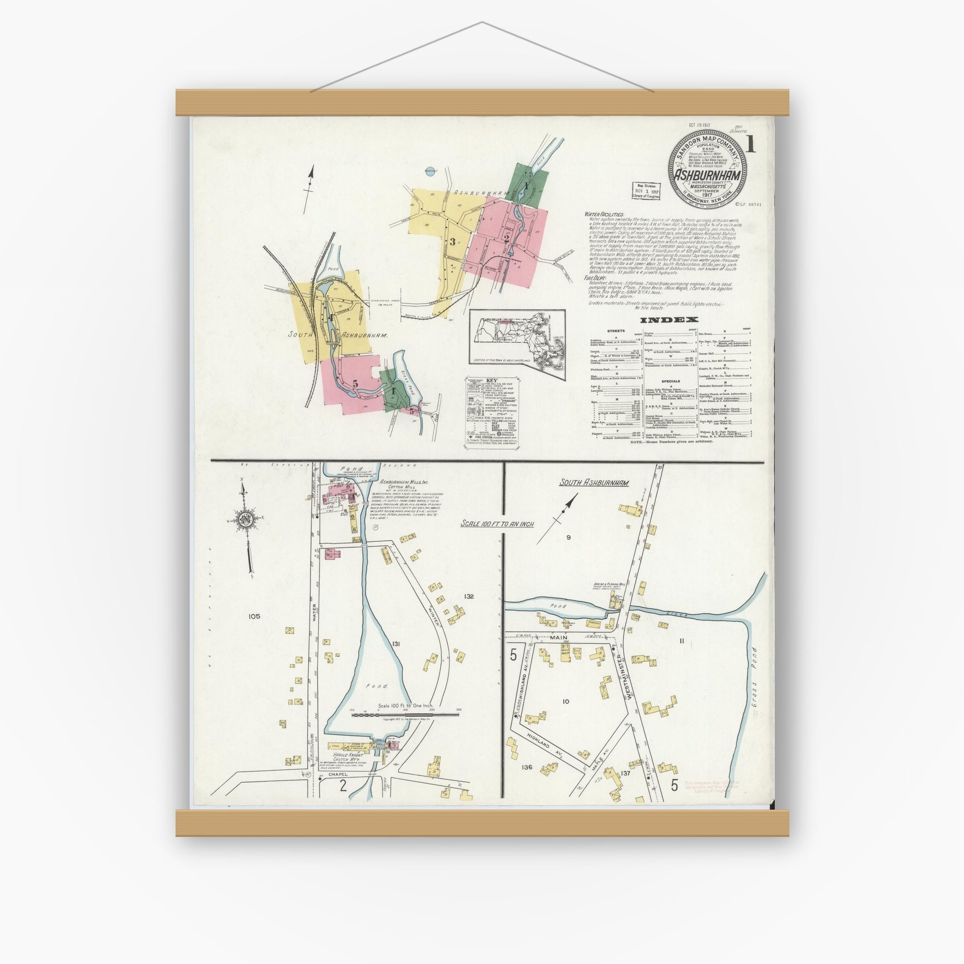 Old map wall art mockup — magnetic wood frame on white wall — Sanborn Fire Insurance Map from Ashburnham, Worcester County, Massachusetts (1917), Sheet #0001