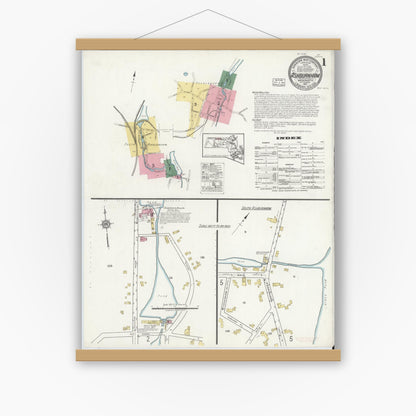 Old map wall art mockup — magnetic wood frame on white wall — Sanborn Fire Insurance Map from Ashburnham, Worcester County, Massachusetts (1917), Sheet #0001