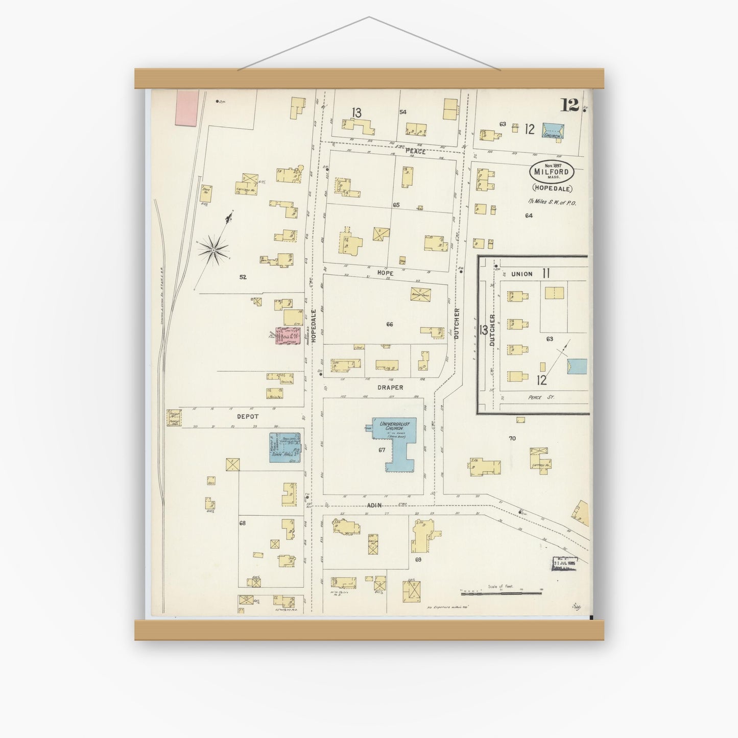 Old map wall art mockup — magnetic wood frame on white wall — Sanborn Fire Insurance Map from Milford, Worcester County, Massachusetts (1897), Sheet #0012