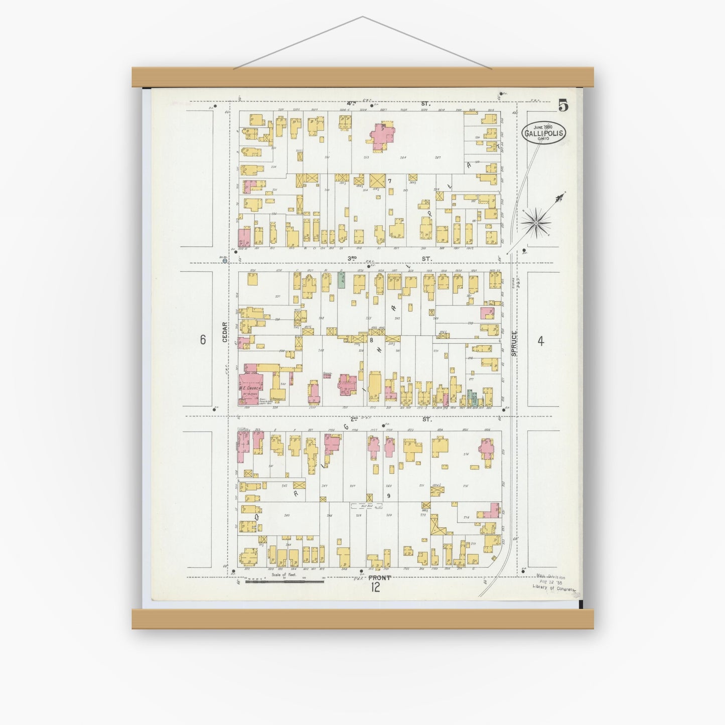 Old map wall art mockup — magnetic wood frame on white wall — Sanborn Fire Insurance Map from Gallipolis, Gallia County, Ohio (1900), Sheet #0005