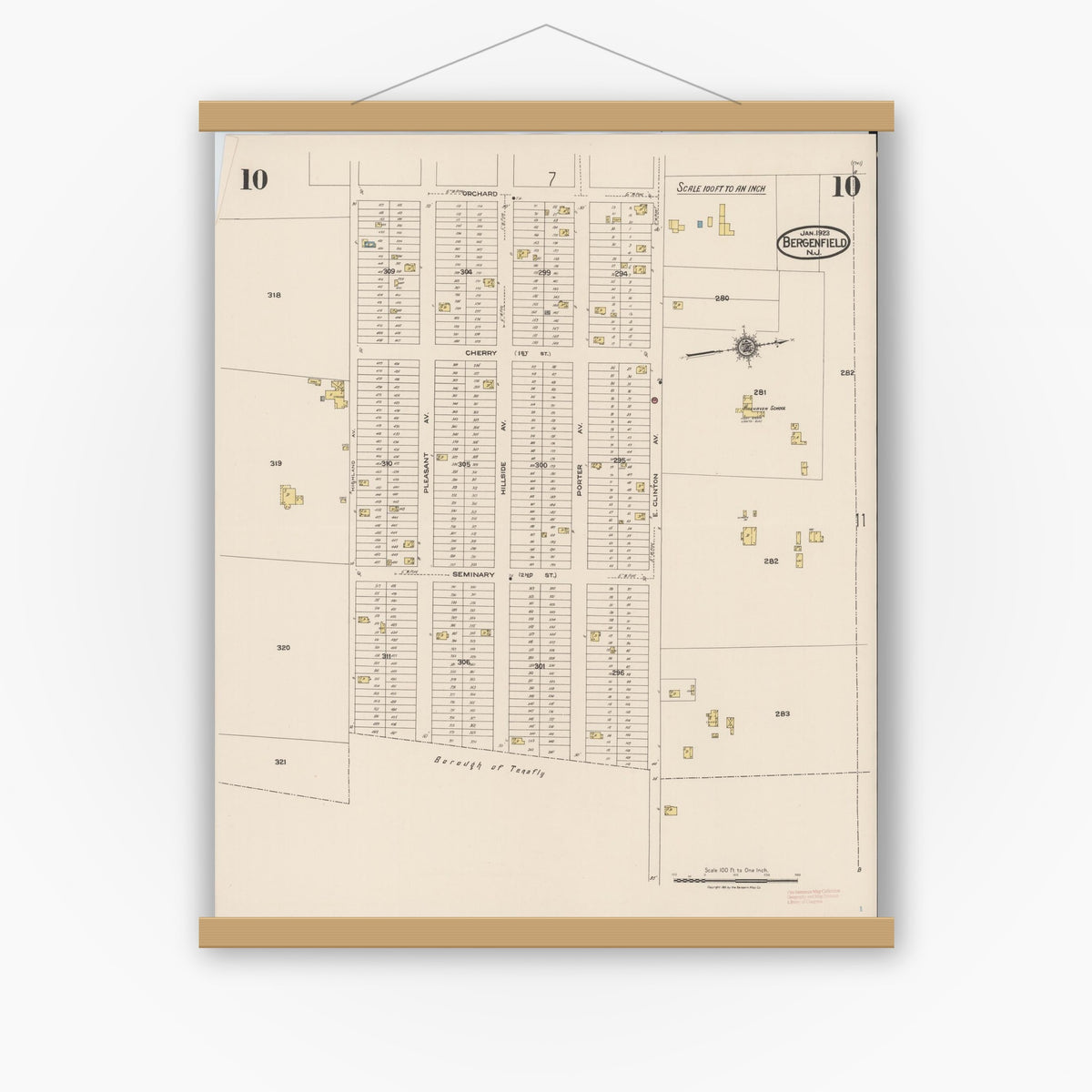 Old map wall art mockup — magnetic wood frame on white wall — Sanborn Fire Insurance Map from Bergenfield, Bergen County, New Jersey (1923), Sheet #0010