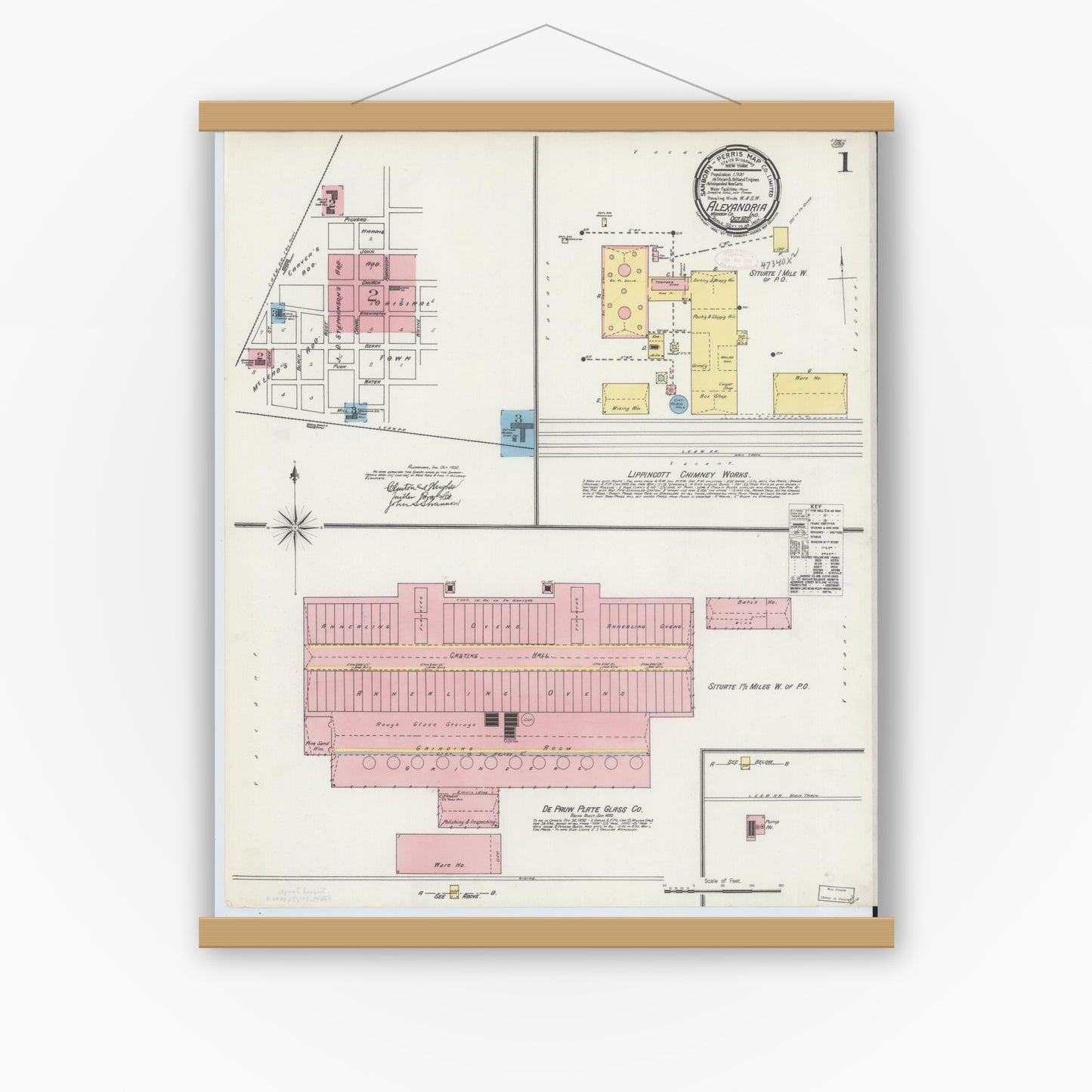 Old map wall art mockup — magnetic wood frame on white wall — Sanborn Fire Insurance Map from Alexandria, Madison County, Indiana (1892) - Complete Map Set