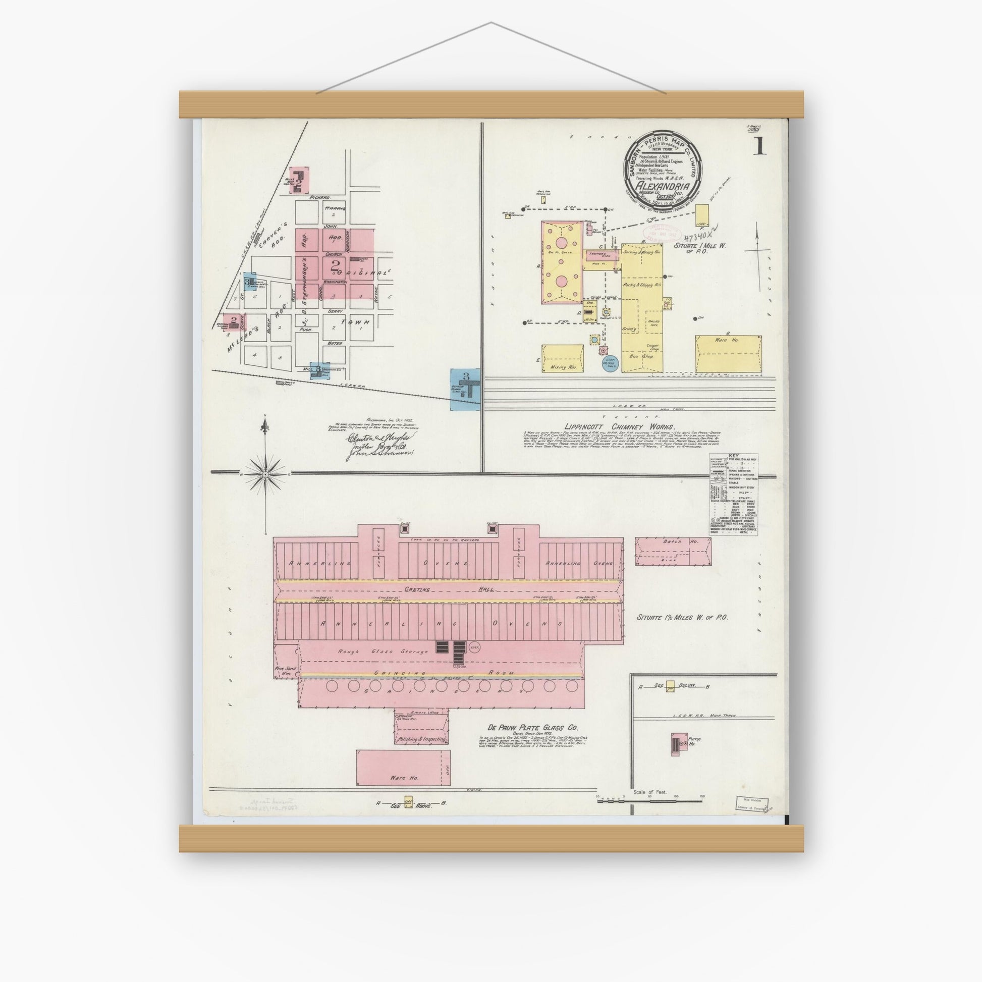 Old map wall art mockup — magnetic wood frame on white wall — Sanborn Fire Insurance Map from Alexandria, Madison County, Indiana (1892) - Complete Map Set