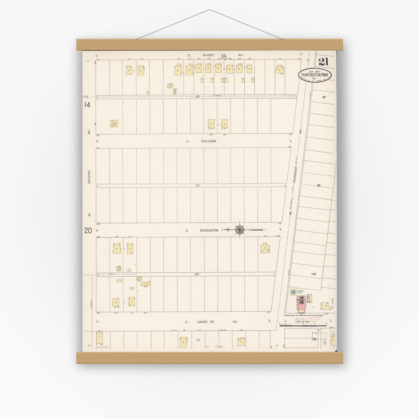 Old map wall art mockup — magnetic wood frame on white wall — Sanborn Fire Insurance Map from Huntington Park, Los Angeles County, California (1916), Sheet #0021