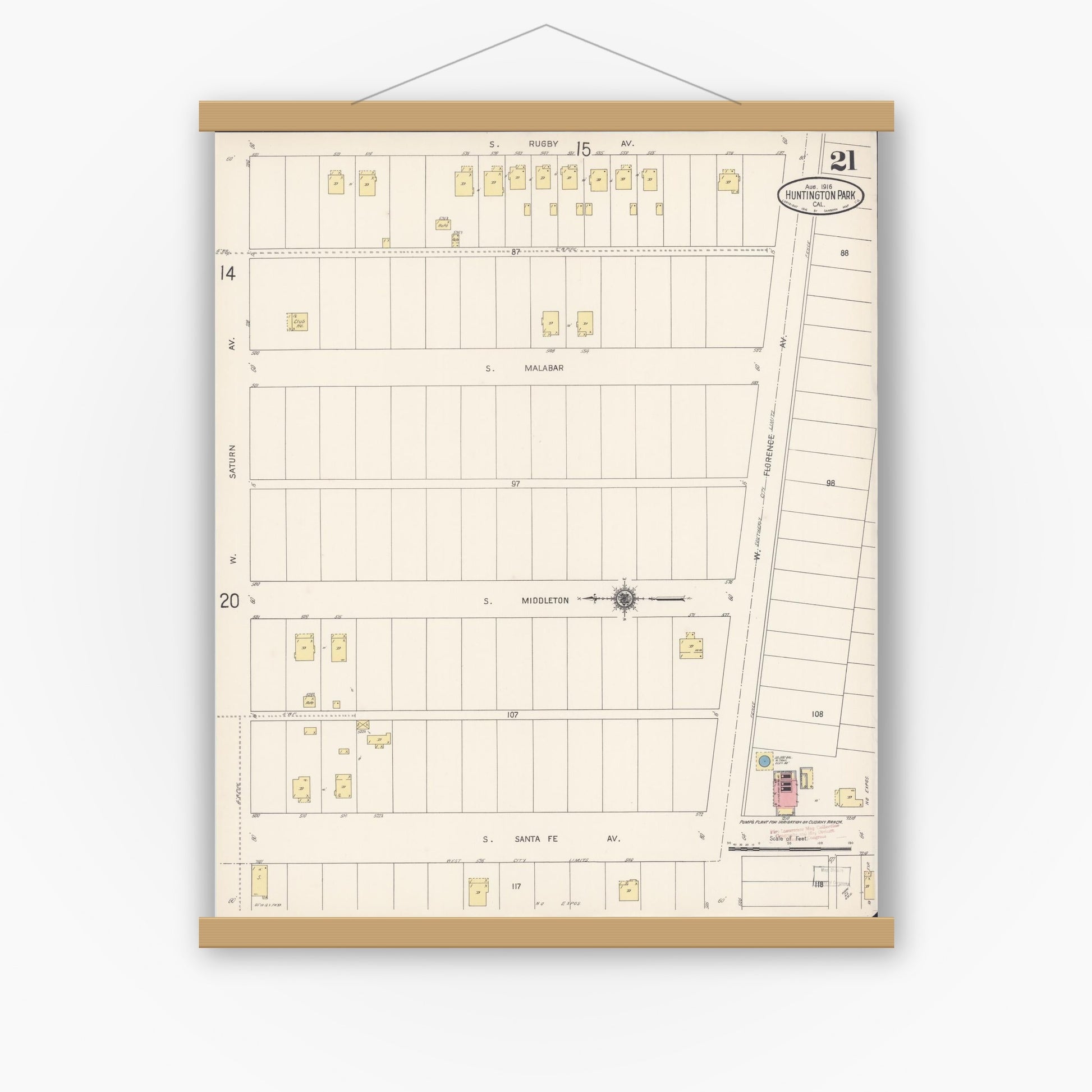 Old map wall art mockup — magnetic wood frame on white wall — Sanborn Fire Insurance Map from Huntington Park, Los Angeles County, California (1916), Sheet #0021