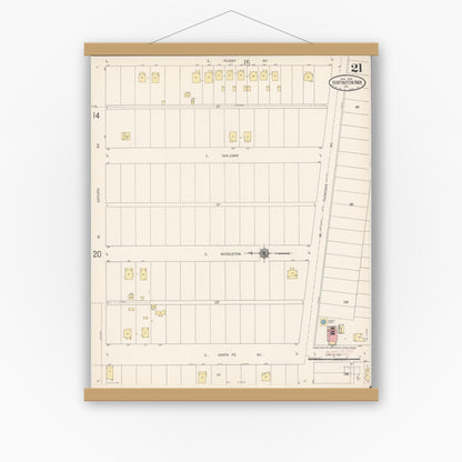 Old map wall art mockup — magnetic wood frame on white wall — Sanborn Fire Insurance Map from Huntington Park, Los Angeles County, California (1916), Sheet #0021