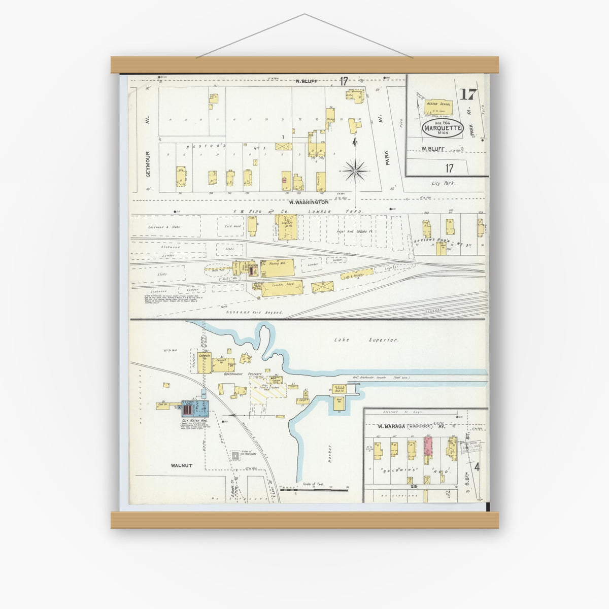 Old map wall art mockup — magnetic wood frame on white wall — Sanborn Fire Insurance Map from Marquette, Marquette County, Michigan (1904), Sheet #0017