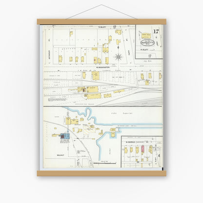Old map wall art mockup — magnetic wood frame on white wall — Sanborn Fire Insurance Map from Marquette, Marquette County, Michigan (1904), Sheet #0017