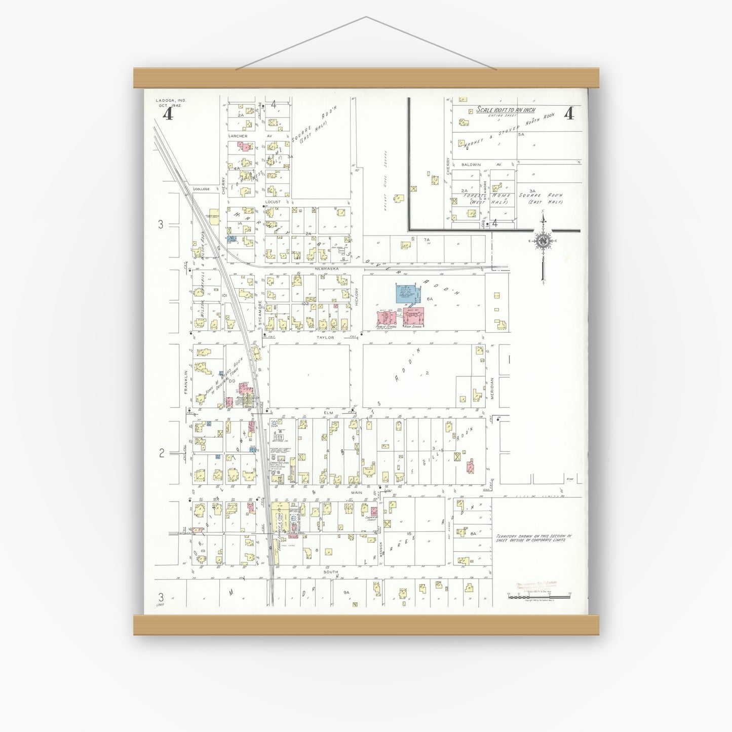 Old map wall art mockup — magnetic wood frame on white wall — Sanborn Fire Insurance Map from Ladoga, Montgomery County, Indiana (1942), Sheet #0004