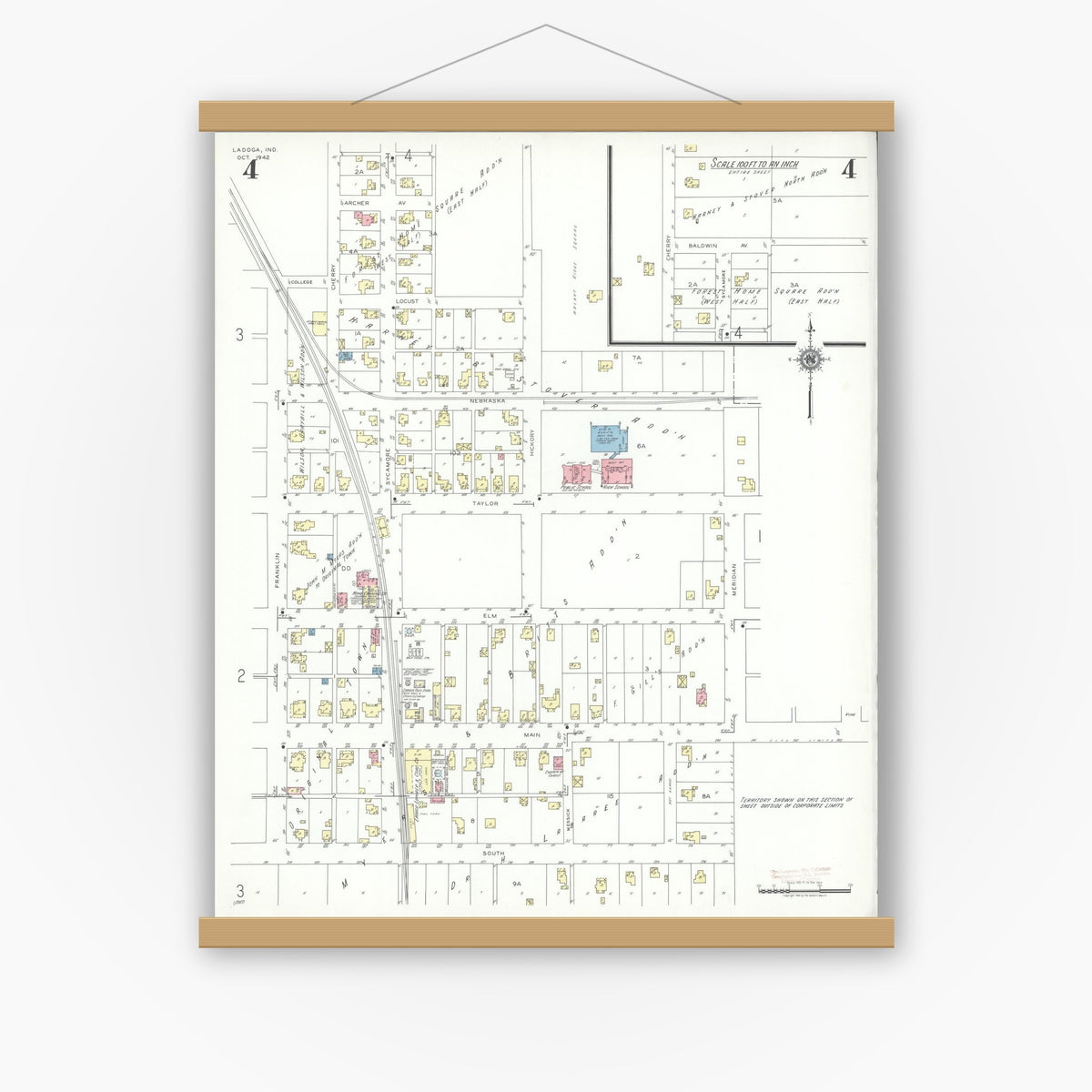 Old map wall art mockup — magnetic wood frame on white wall — Sanborn Fire Insurance Map from Ladoga, Montgomery County, Indiana (1942), Sheet #0004