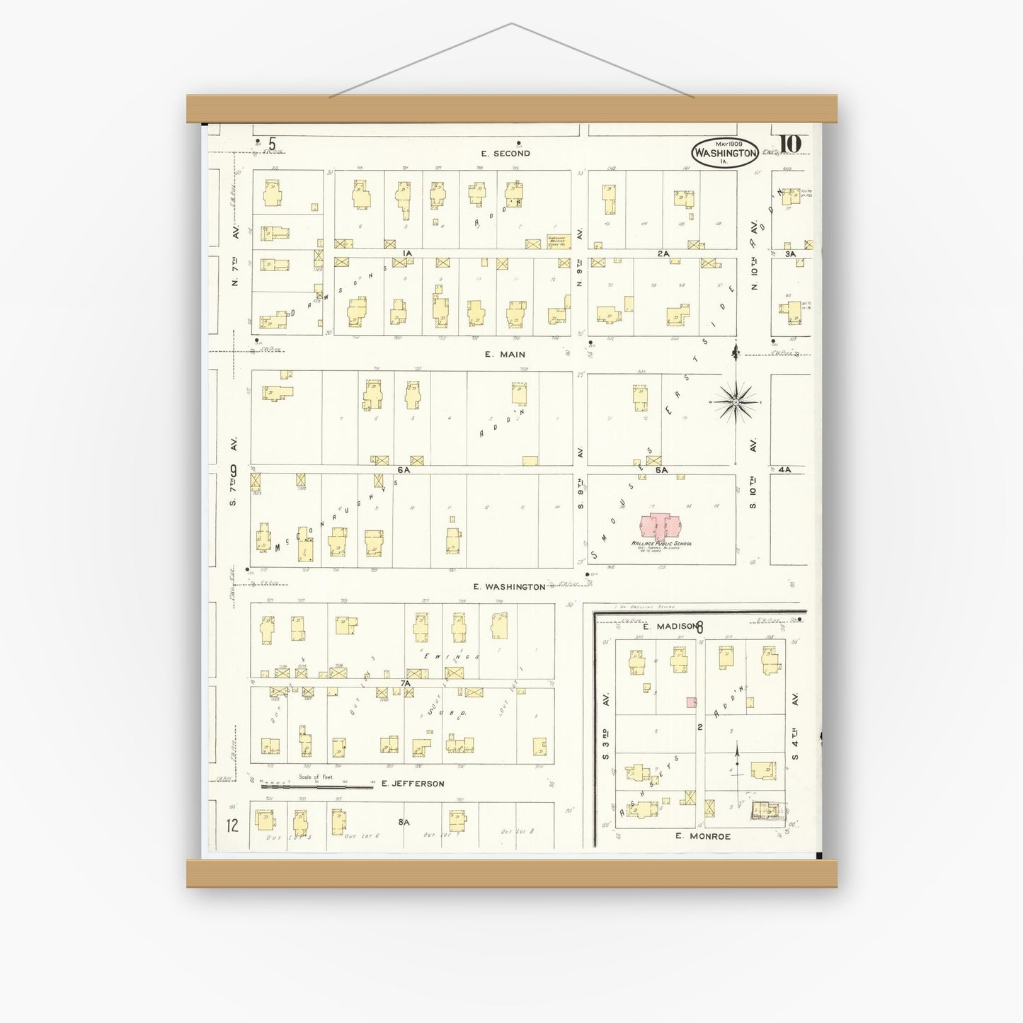 Old map wall art mockup — magnetic wood frame on white wall — Sanborn Fire Insurance Map from Washington, Washington County, Iowa (1909), Sheet #0010