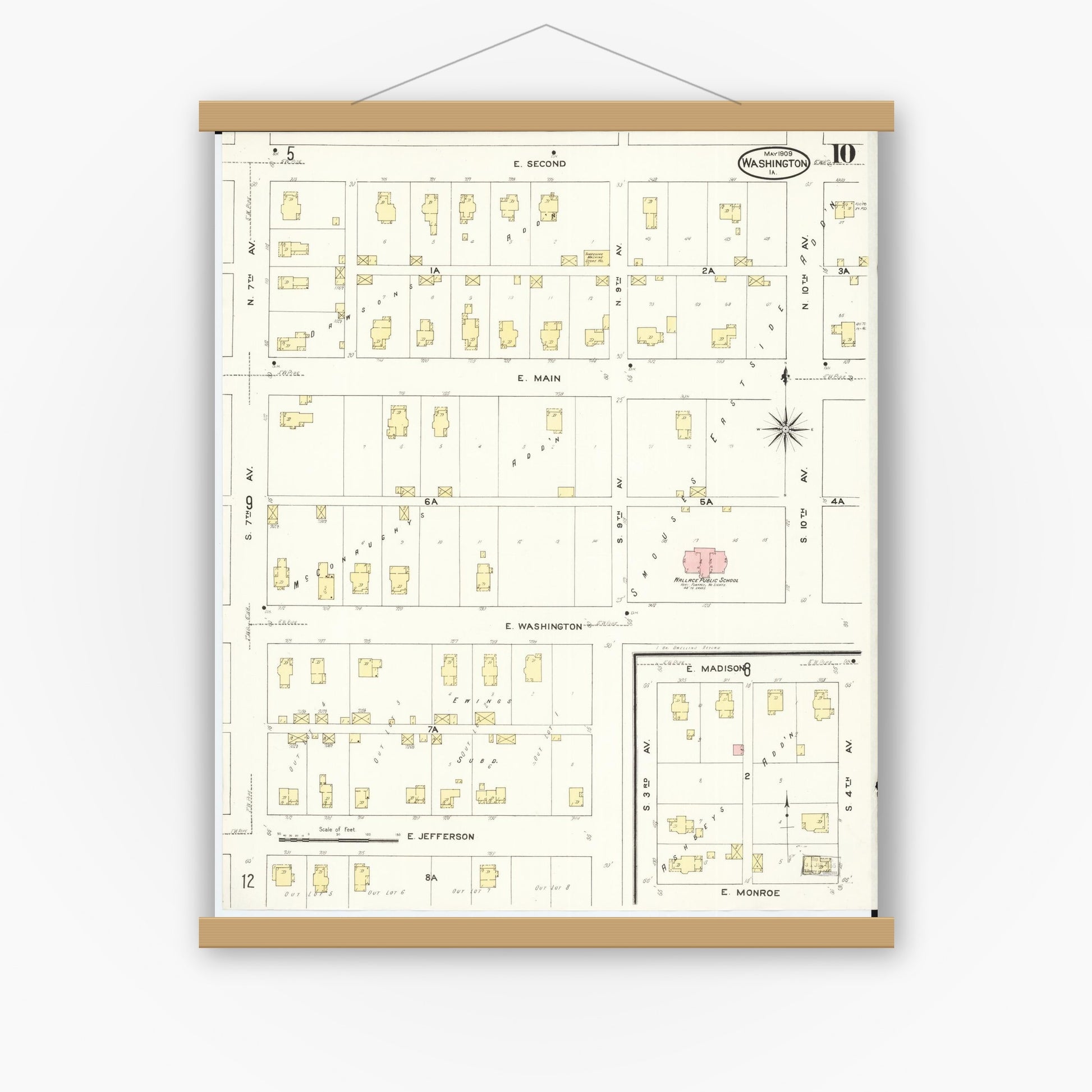 Old map wall art mockup — magnetic wood frame on white wall — Sanborn Fire Insurance Map from Washington, Washington County, Iowa (1909), Sheet #0010