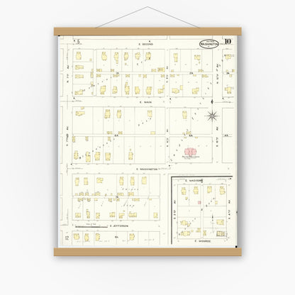 Old map wall art mockup — magnetic wood frame on white wall — Sanborn Fire Insurance Map from Washington, Washington County, Iowa (1909), Sheet #0010