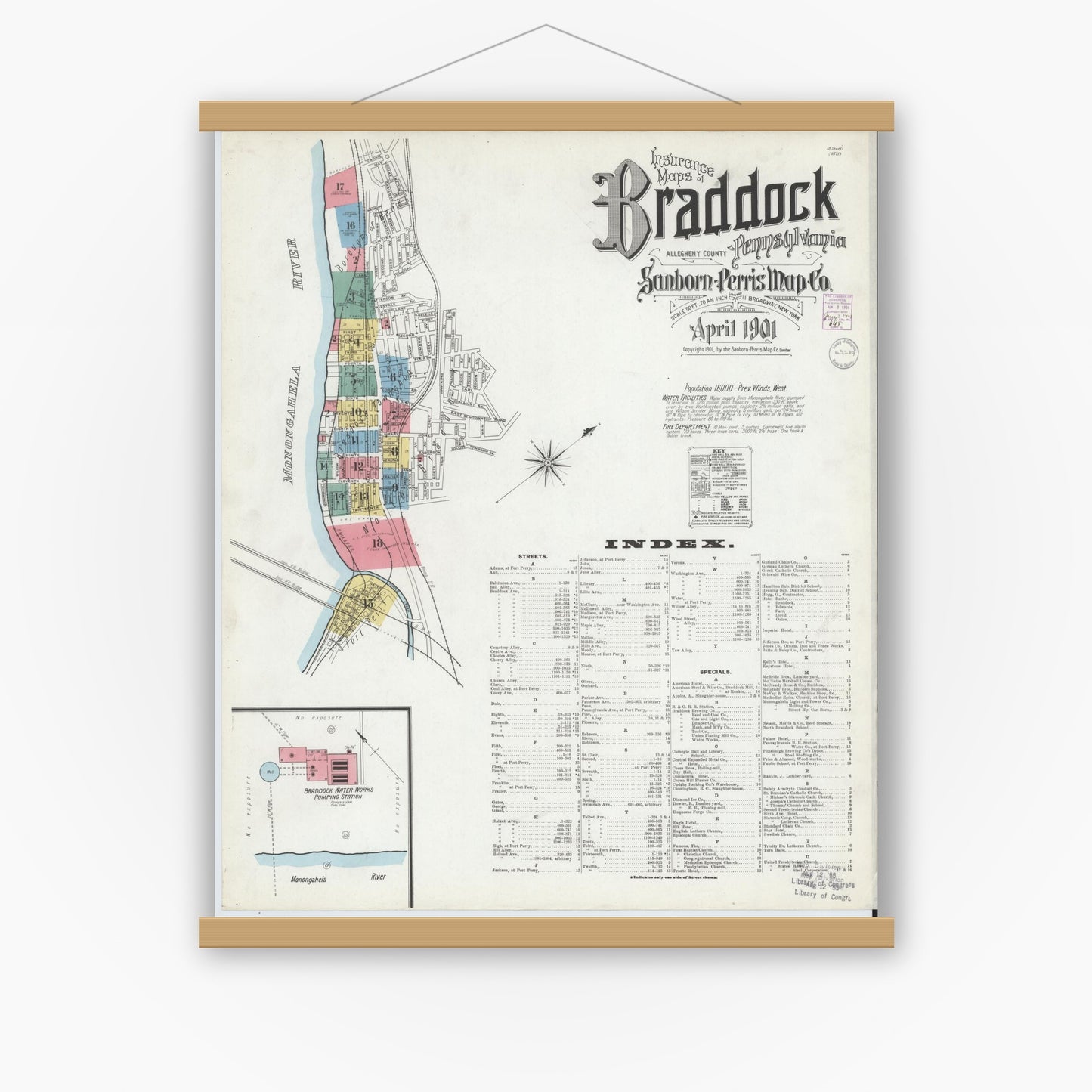 Old map wall art mockup — magnetic wood frame on white wall — Sanborn Fire Insurance Map from Braddock, Allegheny County, Pennsylvania (1901) - Complete Map Set