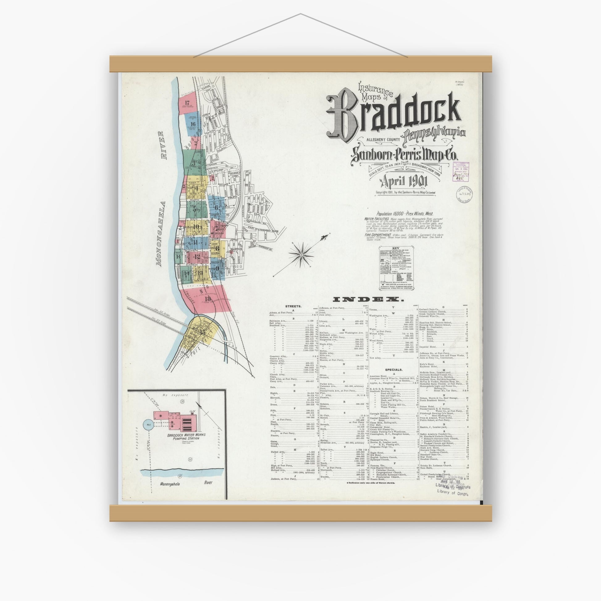Old map wall art mockup — magnetic wood frame on white wall — Sanborn Fire Insurance Map from Braddock, Allegheny County, Pennsylvania (1901) - Complete Map Set