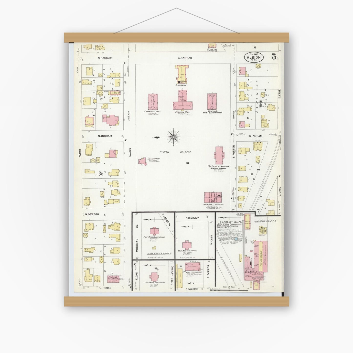 Old map wall art mockup — magnetic wood frame on white wall — Sanborn Fire Insurance Map from Albion, Calhoun County, Michigan (1907), Sheet #0005