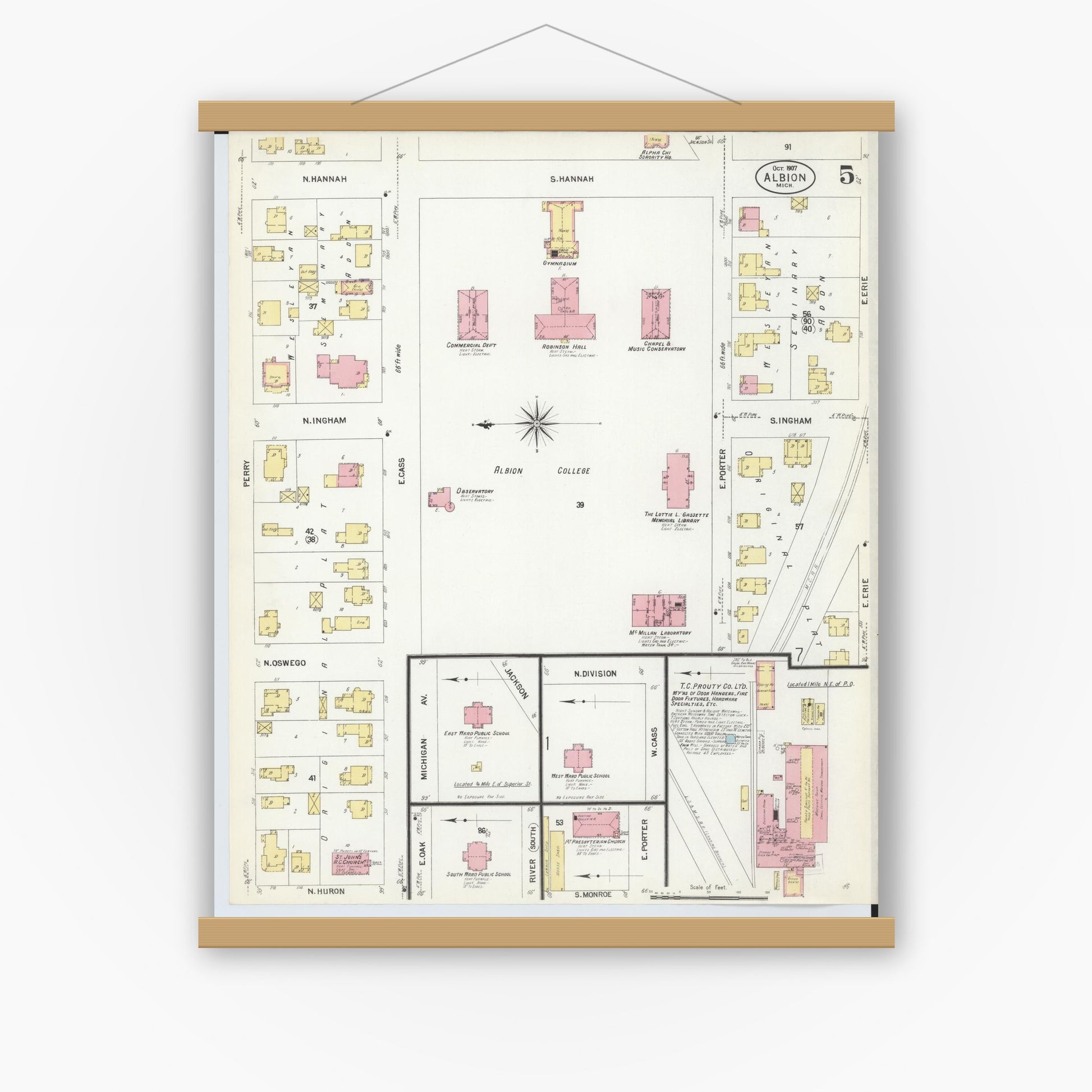 Old map wall art mockup — magnetic wood frame on white wall — Sanborn Fire Insurance Map from Albion, Calhoun County, Michigan (1907), Sheet #0005