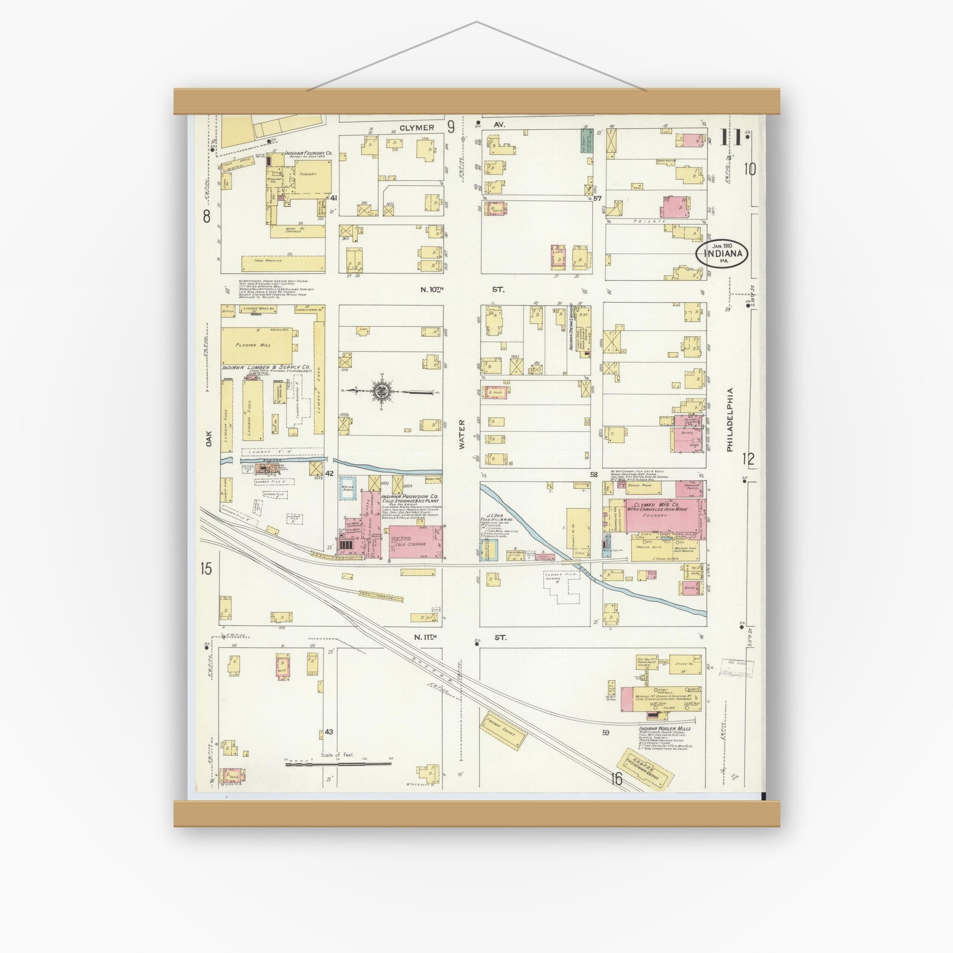 Old map wall art mockup — magnetic wood frame on white wall — Sanborn Fire Insurance Map from Indiana, Indiana County, Pennsylvania (1910), Sheet #0011