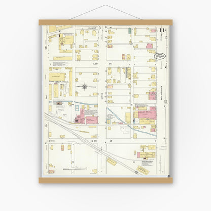 Old map wall art mockup — magnetic wood frame on white wall — Sanborn Fire Insurance Map from Indiana, Indiana County, Pennsylvania (1910), Sheet #0011
