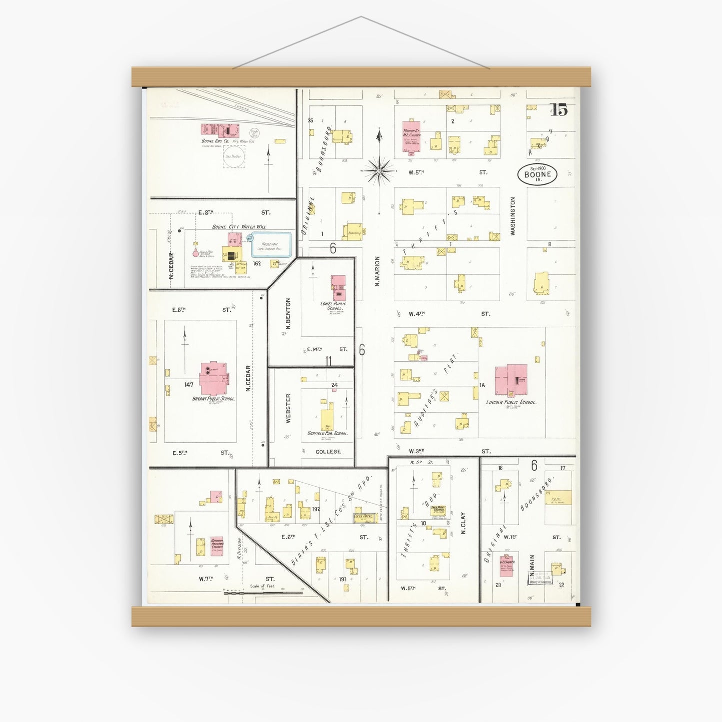 Old map wall art mockup — magnetic wood frame on white wall — Sanborn Fire Insurance Map from Boone, Boone County, Iowa (1900), Sheet #0015