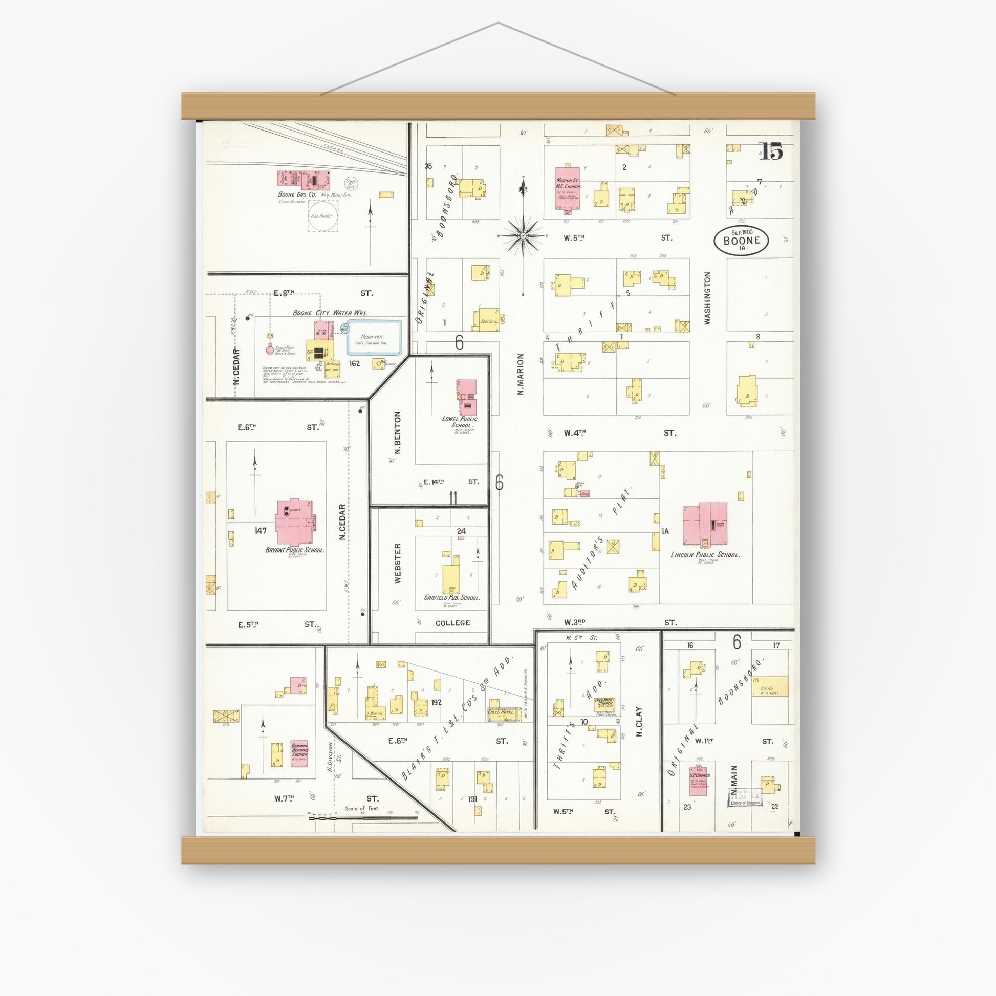 Old map wall art mockup — magnetic wood frame on white wall — Sanborn Fire Insurance Map from Boone, Boone County, Iowa (1900), Sheet #0015