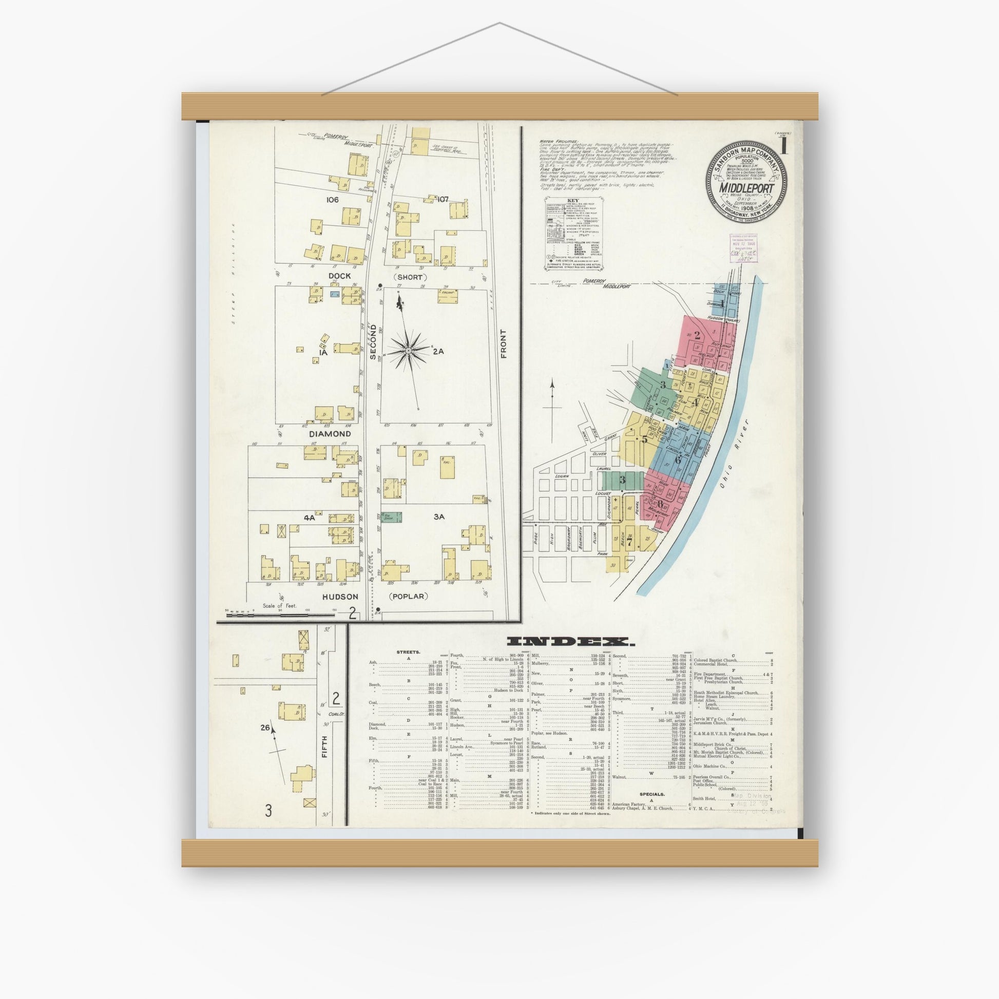 Old map wall art mockup — magnetic wood frame on white wall — Sanborn Fire Insurance Map from Middleport, Meigs County, Ohio (1908), Sheet #0001
