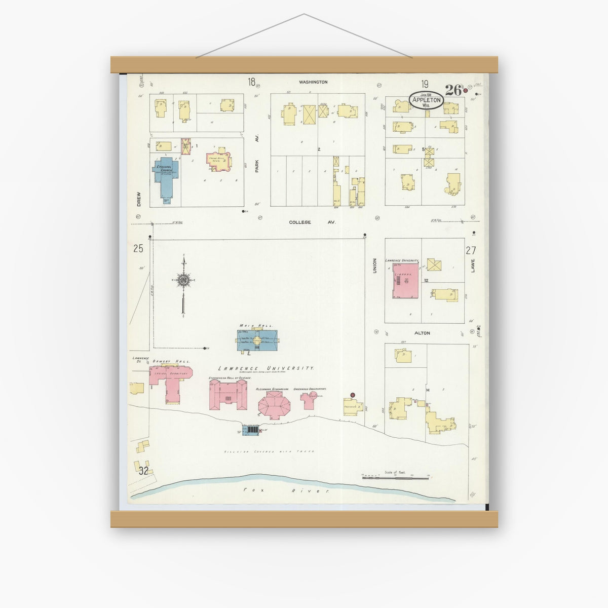 Old map wall art mockup — magnetic wood frame on white wall — Sanborn Fire Insurance Map from Appleton, Outagamie County, Wisconsin (1911), Sheet #0026